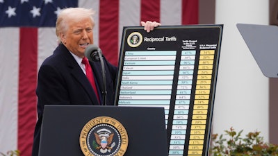 President Donald Trump speaks during an event to announce new tariffs in the Rose Garden at the White House on April 2, 2025, in Washington.