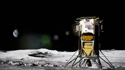 An artist’s rendering of Intuitive Machines’ IM-2 mission, which is scheduled to land near the lunar south pole for in-situ resource utilization demonstration on the Moon.