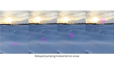 Researchers have created dynamic structures that leap into the air on a predetermined schedule without intervention from computers or external stimuli. Precisely when these “metashells” jump, and how high they jump, is engineered into the physical structure of the materials. This image combines time-lapsed photos to show one of these 'metashells' leaping into the air from a snowy surface.