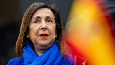 Spain's Defense Minister Margarita Robles arrives for a meeting of the Ukraine Defence Contact Group at NATO headquarters in Brussels, on April 11, 2025.