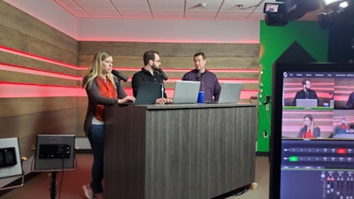 The set of the Today in Manufacturing podcast during a live broadcast.