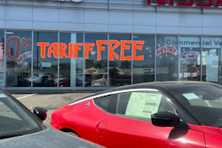 A 'Tariff Free' sign at an automobile dealership in Totowa, N.J., April 30, 2025.