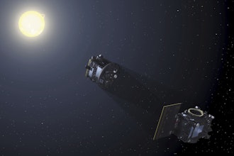 This image provided by the European Space Agency depicts the two spacecraft of the Proba-3 mission aligning to create an eclipse to capture a coronagraph in space.