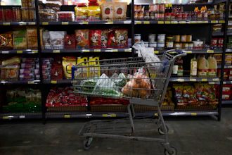 A shopping cart filled with groceries at a store in Rowland Heights, Calif., April 3, 2025.