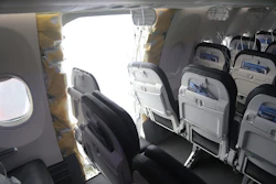 This image taken Jan. 7, 2024, and released by the National Transportation Safety Board, shows the section of a a Boeing 737 Max where a door plug fell while Alaska Airlines Flight 1282 was in flight.