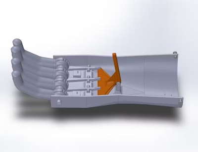 This view of the computer-aided design file of a strengthened version of the model, which includes ribs and fillets to reinforce the plastic material, highlights the main release lever in orange.