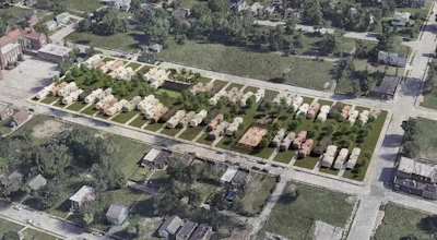 An image of North St. Louis, taken from Google Earth, showing how vacant land can be repurposed using precast concrete homes.