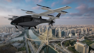 A computer-generated image shows a Revo eVTOL flying over São Paulo.