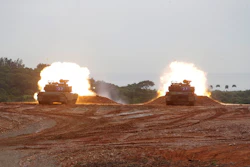 M1A2T Abrams main battle tanks fire during a military live-fire shooting training in Hsinchu County, Taiwan, Thursday, July 10, 2025.