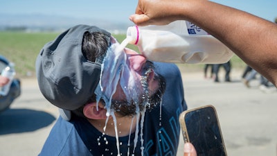 Milk is poured on a protester's face after federal immigration agents tossed tear gas at protesters during a raid in the agriculture area of Camarillo, Calif., Thursday, July 10, 2025.