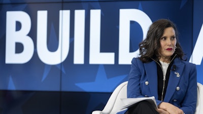 Michigan Gov. Gretchen Whitmer speaks with former television journalist Gretchen Carlson, not shown, at an event on April 9, 2025, in Washington.
