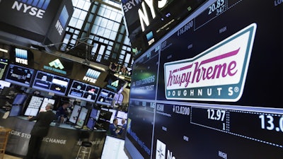 The Krispy Kreme logo on the floor of the New York Stock Exchange, May 9, 2016.