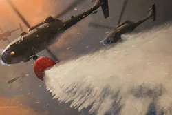 Uncrewed helicopters using ALIAS-developed autonomy drop thousands of gallons of water to help extinguish wildfire.