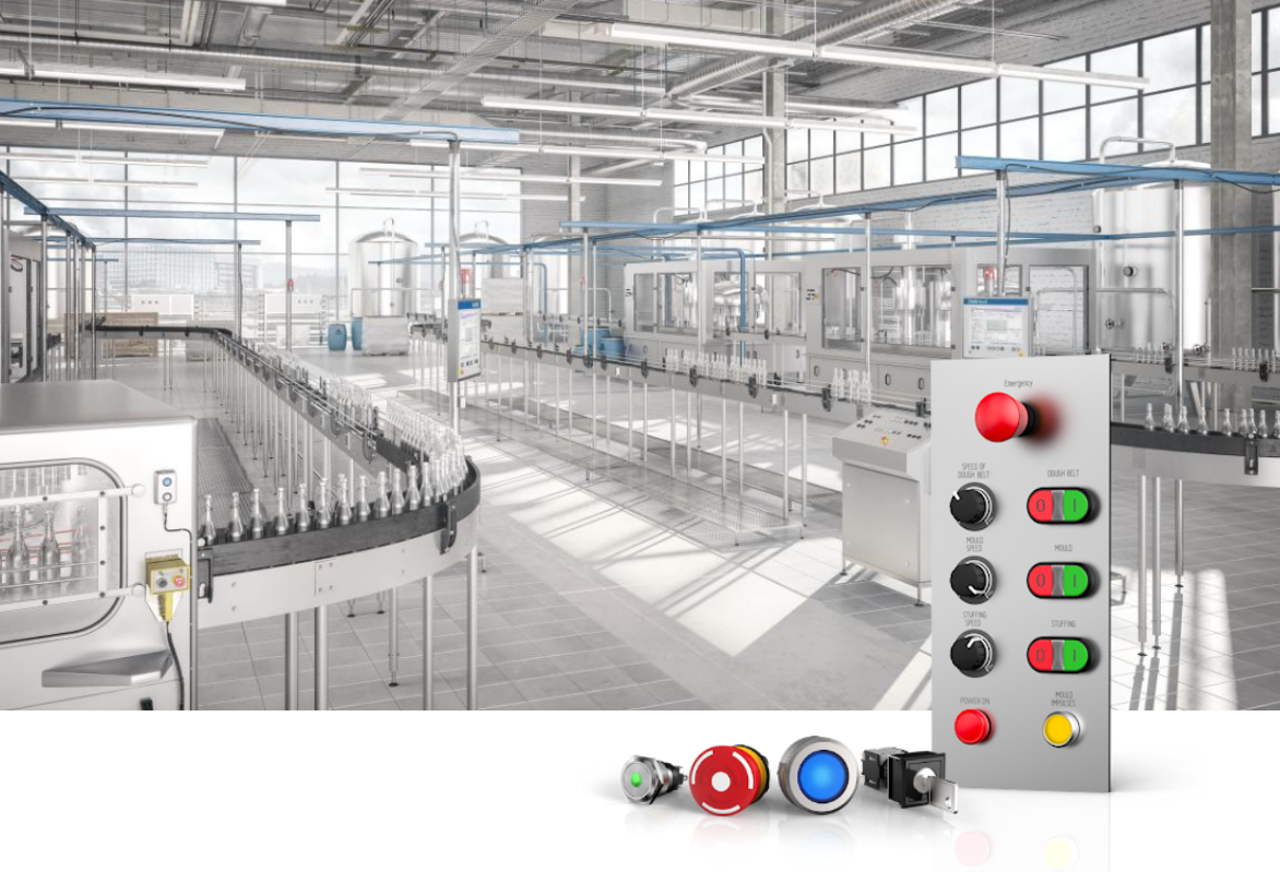 Automated bottling line with curved conveyor and industrial control panel with colored buttons