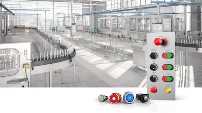 Automated bottling line with curved conveyor and industrial control panel with colored buttons