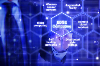 Digital network visualization showing edge computing and connected technologies