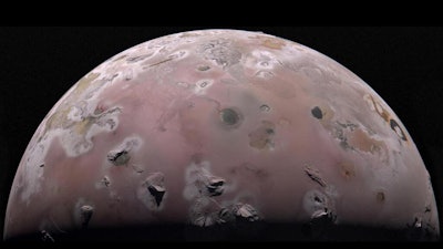 The north polar region of Jupiter’s volcanic moon Io was captured by the JunoCam imager aboard NASA’s Juno during the spacecraft’s 57th close pass of the gas giant.