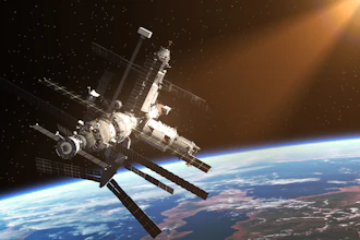 Space station orbiting Earth with curved horizon and starry background