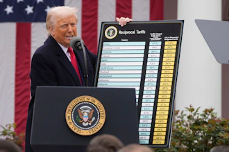 Presidential press conference with reciprocal tariffs chart, American flag backdrop