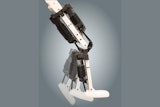 A composite image of the robotic leg — with integrated artificial muscles — bending at the ankle and knee.