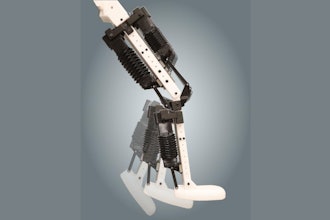 A composite image of the robotic leg — with integrated artificial muscles — bending at the ankle and knee.