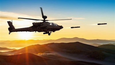 Apache attack helicopter launching missiles.