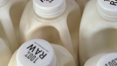Bottles of raw milk at a store in Temecula, Calif., May 8, 2024.