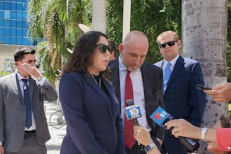 Neima Benavides, whose sister died in a Florida crash involving Tesla’s Autopilot driver assist technology, speaks to reporters outside the federal courthouse in Miami, Friday, Aug. 1, 2025.