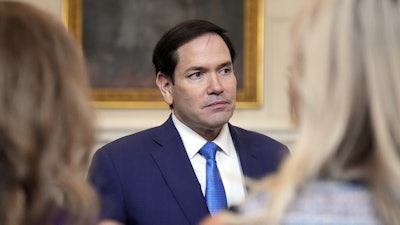 Secretary of State Marco Rubio arrives before a trilateral signing with Azerbaijan's President Ilham Aliyev and Armenia's Prime Minister Nikol Pashinyan in the State Dining Room of the White House, Friday, Aug. 8, 2025, in Washington.