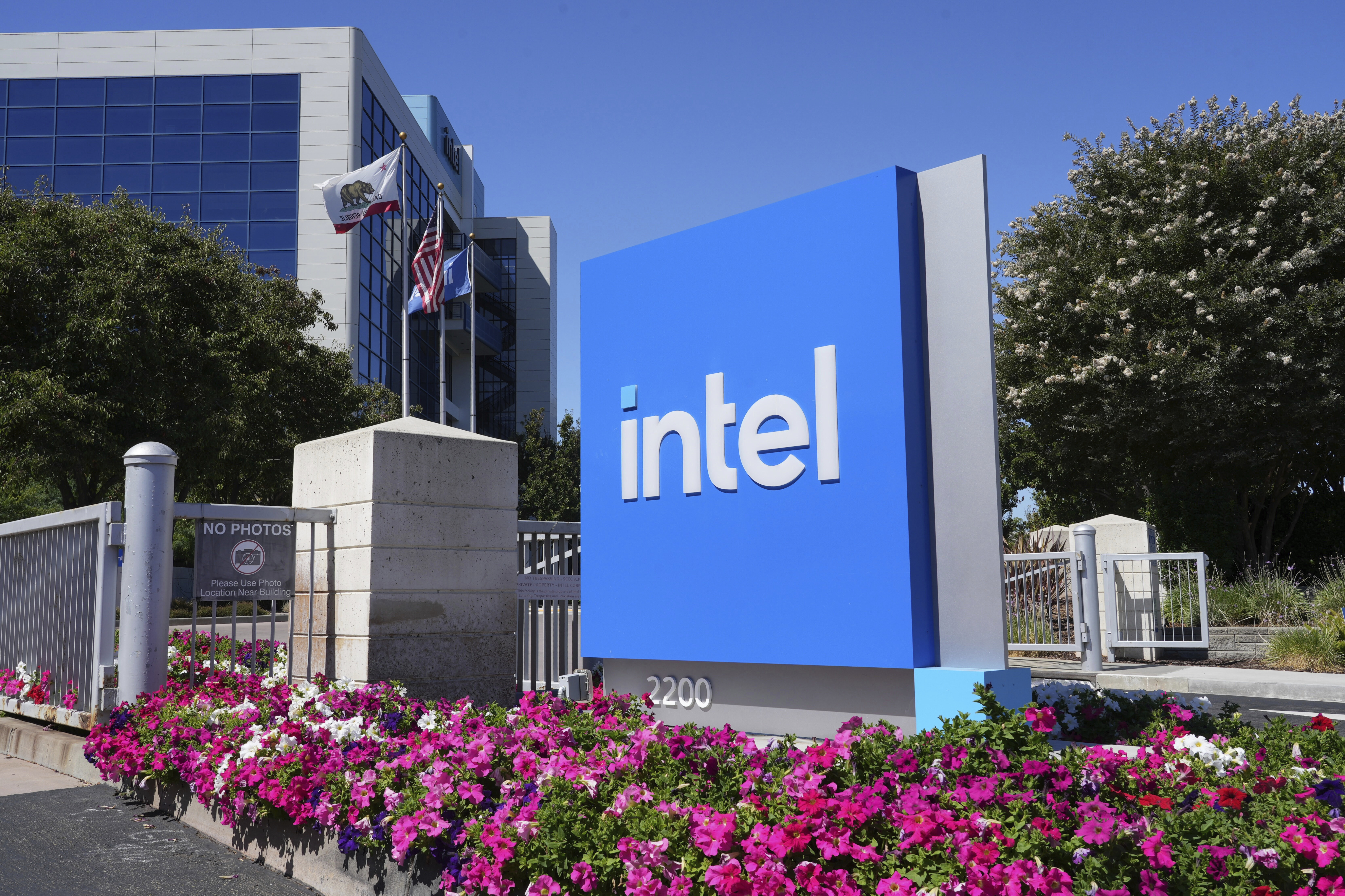 An Intel sign is shown at the chipmaker's global headquarters in Santa Clara, Calif. on Friday, Aug. 8, 2025.