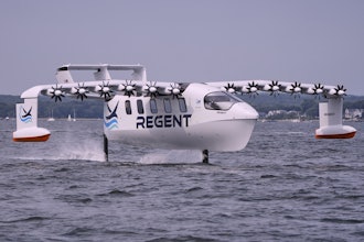 The REGENT Viceroy Seaglider, a winged passenger ferry, glides over the surface of Narragansett Bay on a test run, Wednesday, Aug. 6, 2025, off the coast of North Kingstown, R.I.