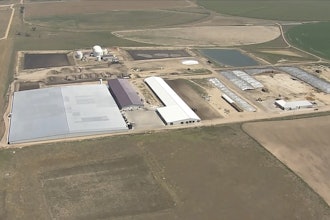 This image taken from video provided by DENVER7 shows a dairy in Keenesburg, Colo., on Thursday, Aug. 21, 2025, where authorities say six people died from an apparent accident involving exposure to gas.