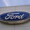 The Ford logo is seen above the entrance to the Ford Motor Company Kentucky Truck Plant, April 30, 2025, in Louisville, Ky.