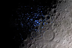 Dark craters on the Moon, parts of which are indicated here in blue, never get sunlight. Scientists think some of these permanently shadowed regions could contain water ice.