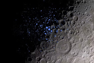 Dark craters on the Moon, parts of which are indicated here in blue, never get sunlight. Scientists think some of these permanently shadowed regions could contain water ice.