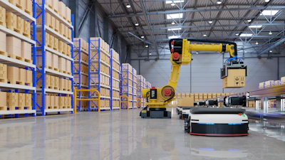 Autonomous Mobile Robot receives boxes from another robot.