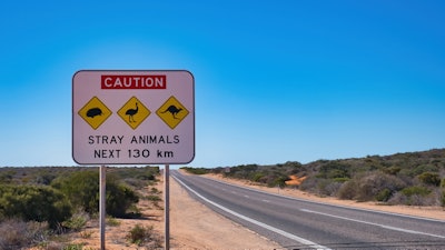 Traffic warning sign along a highway in the outback of Western Australia.