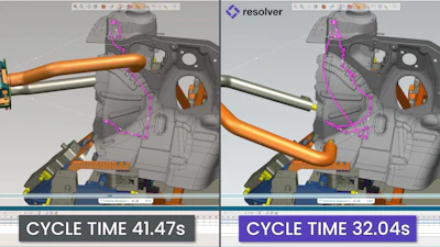 In this welding application, Resolver created a path that sped up the workcell significantly, taking the cycle time from 41.47 seconds down to 32.04 seconds.
