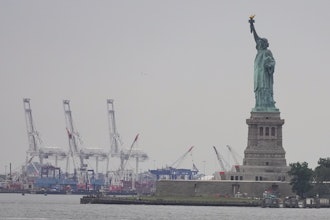 The Statue of Liberty is seen near Port Liberty Terminals, New York, Aug. 6, 2025.