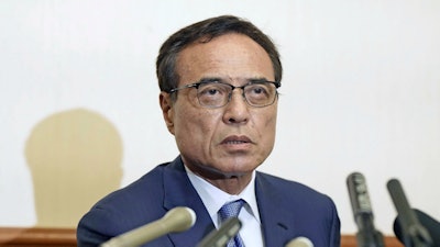 Chairperson of Keizai Doyukai, or the Japan Association of Corporate Executives Takeshi Niinami who resigned on Tuesday from chief executive of Japan’s major beverage maker Suntory, attends a regular press conference in Tokyo Wednesday, Sept. 3, 2025.