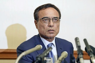 Chairperson of Keizai Doyukai, or the Japan Association of Corporate Executives Takeshi Niinami who resigned on Tuesday from chief executive of Japan’s major beverage maker Suntory, attends a regular press conference in Tokyo Wednesday, Sept. 3, 2025.