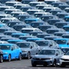 Export vehicles are parked at Daikoku Pier in Yokohama, near Tokyo, April 8, 2025.