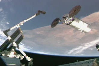 This image provided by NASA shows Northrop Grumman's newly arrived cargo capsule at the International Space Station on Thursday, Sept. 18, 2025.