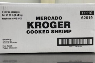 This undated photo released by the U.S. Food and Drug Administration, FDA, shows a product label for Kroger Mercado Cooked Medium Peeled Tail-Off Shrimp.