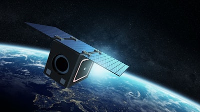 On-orbit render of a Millennium-built small satellite flying Spectrolab solar cells.