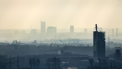 The city center of Essen is seen through the fog as German Federal Environment Agency warns about poor air quality in Germany due to fine dust pollution, Essen, Germany, Feb. 12, 2025.