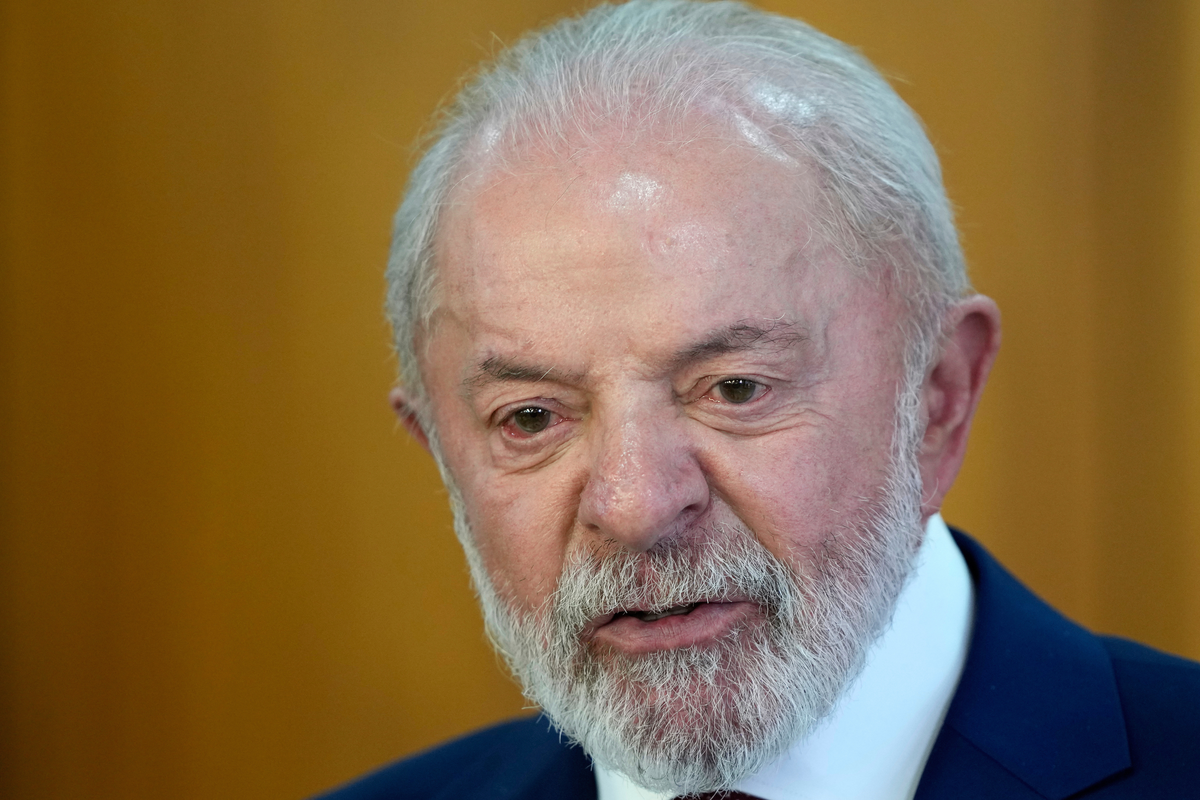 Brazil President Luiz Inacio Lula da Silva gives a joint statement with Nigeria's President Bola Tinubu, Planalto presidential palace, Brasilia, Brazil, Aug. 25, 2025.