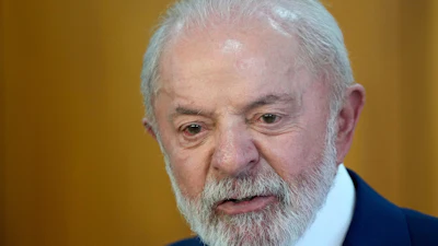 Brazil President Luiz Inacio Lula da Silva gives a joint statement with Nigeria's President Bola Tinubu, Planalto presidential palace, Brasilia, Brazil, Aug. 25, 2025.