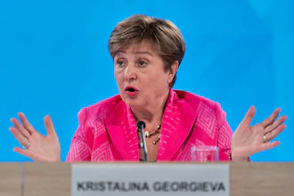 International Monetary Fund (IMF) Managing Director Kristalina Georgieva speaks during a news conference at the International Monetary Fund (IMF) headquarters in Washington, April 25, 2025.