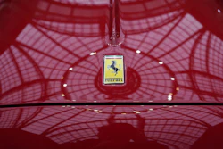 The Ferrari logo is photographed on a 1950 Oldsmobile Ferrari 166 MM Touring Barchetta displayed at the Grand Palais in Paris, Tuesday, Feb. 4, 2025.